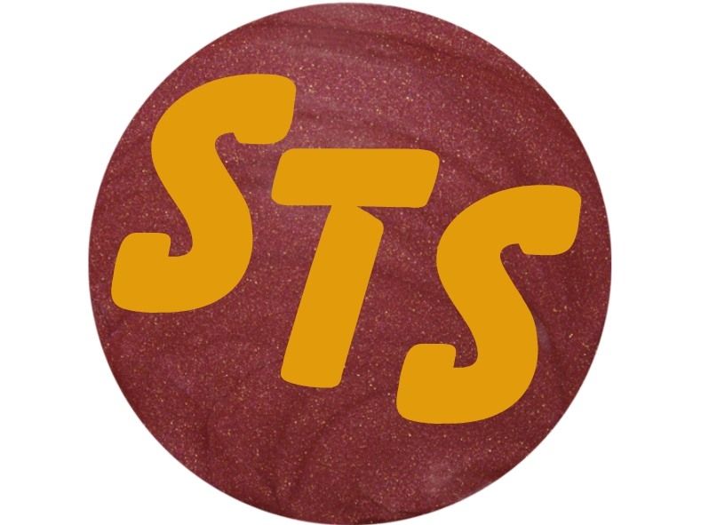 A red circle with sts in yellow letters