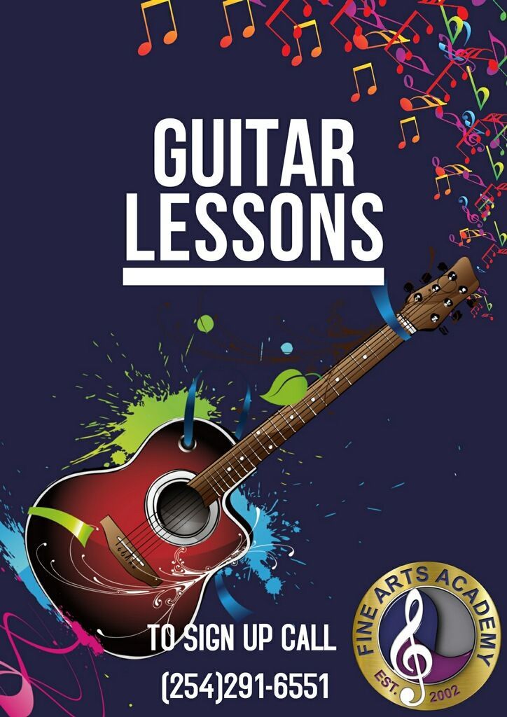 A poster for guitar lessons with a guitar on it