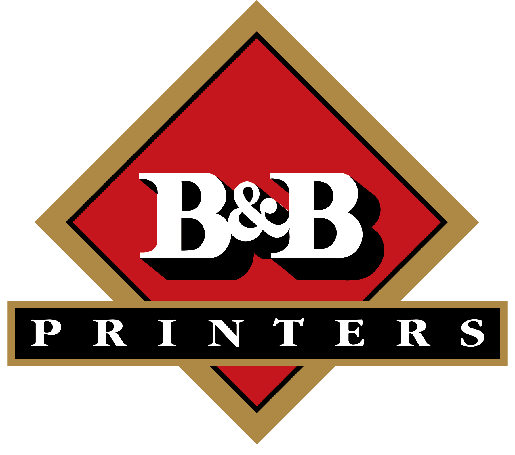 A red and gold logo for b & b printers