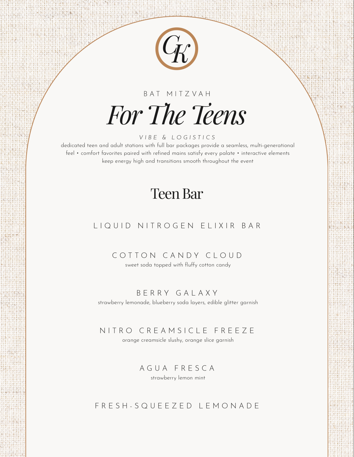 Pink-and-white tearful menu with gold monogram and floral dish list on a round sign