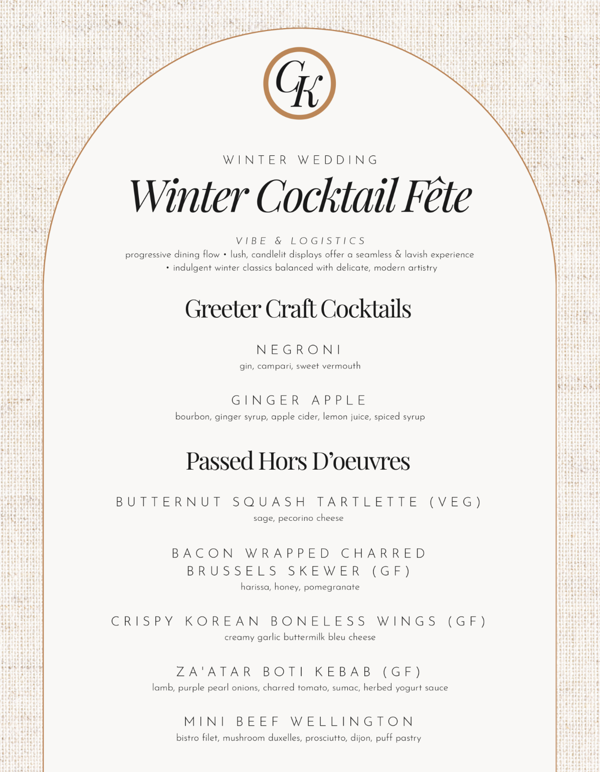 Winter cocktail fete invitation with gold crest and event details on a cream background
