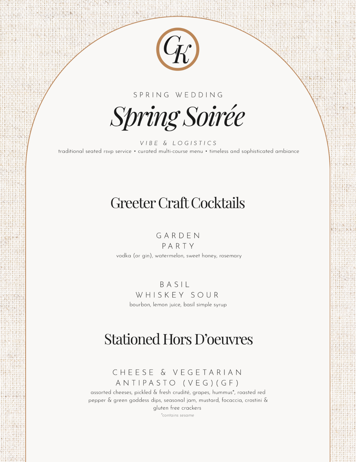 Spring soirée menu card with gold border and text for cocktails, salad, and dessert course