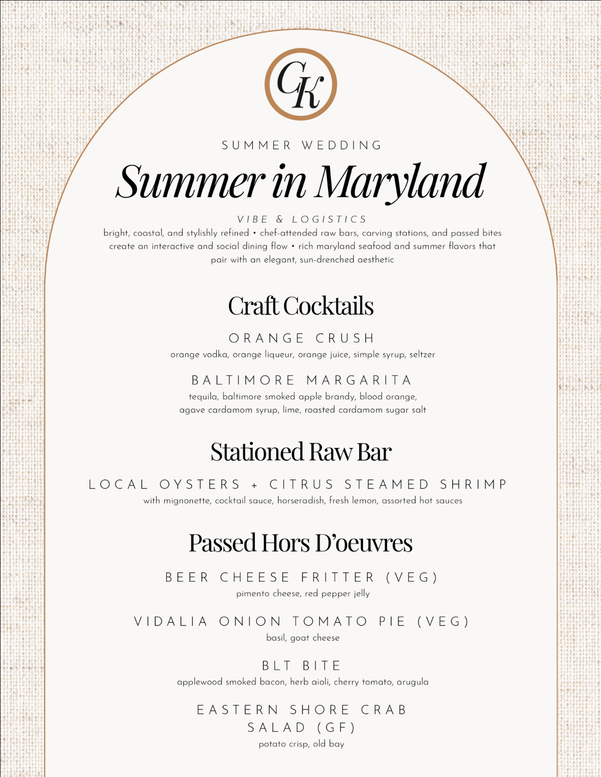 Elegant wedding invitation with gold monogram and “Summer in Maryland” text on a cream background
