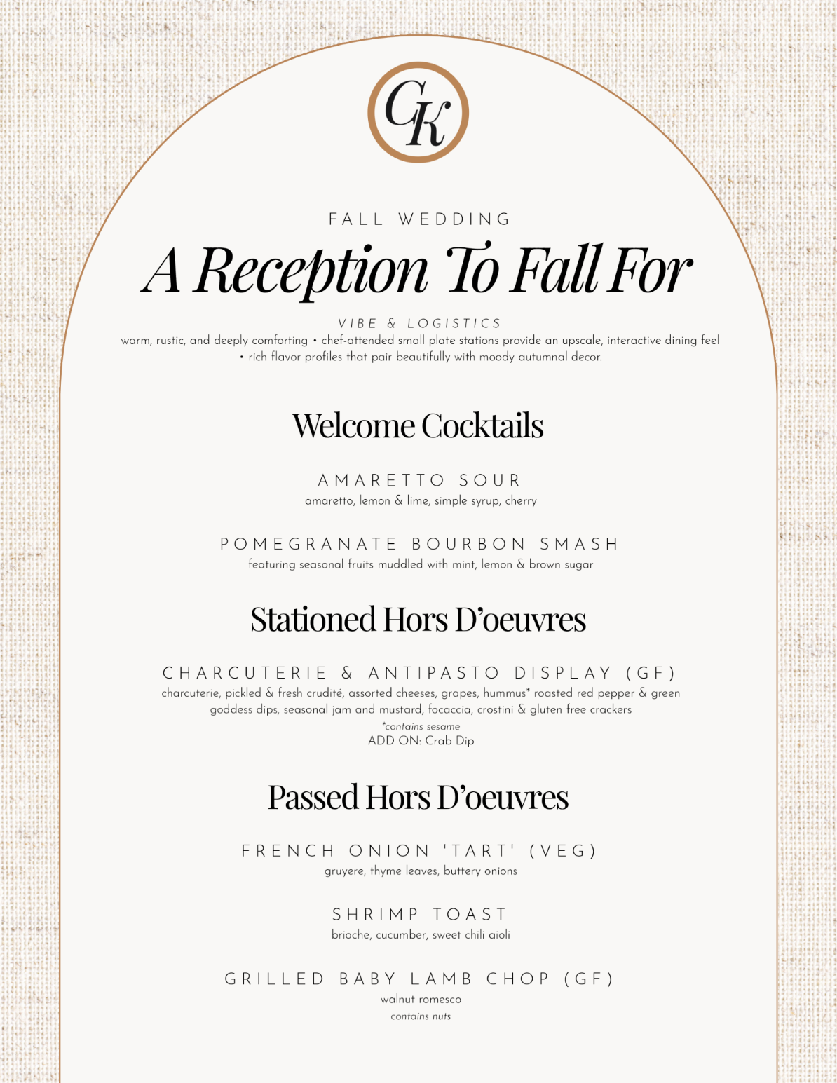 Elegant wedding reception invitation with cream background and black serif text reading “A Reception To Fall For.”