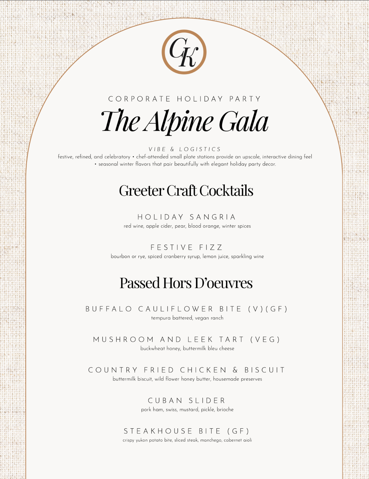 Elegant white gala event menu titled “The Alpine Gala” with gold crest and cocktail, dinner, and dessert listings