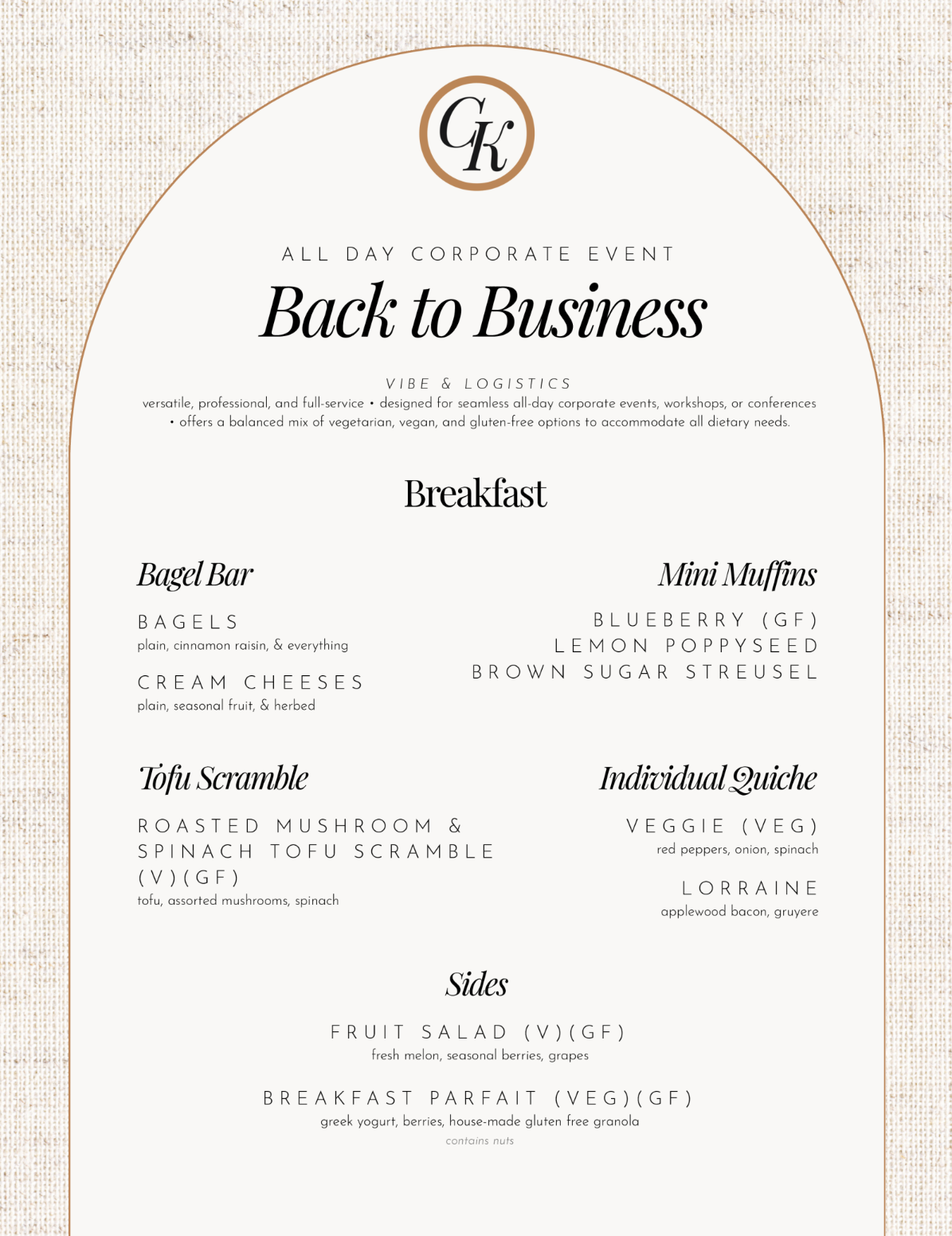 Elegant beige “Back to Business” breakfast menu with multiple item sections and a circular monogram logo