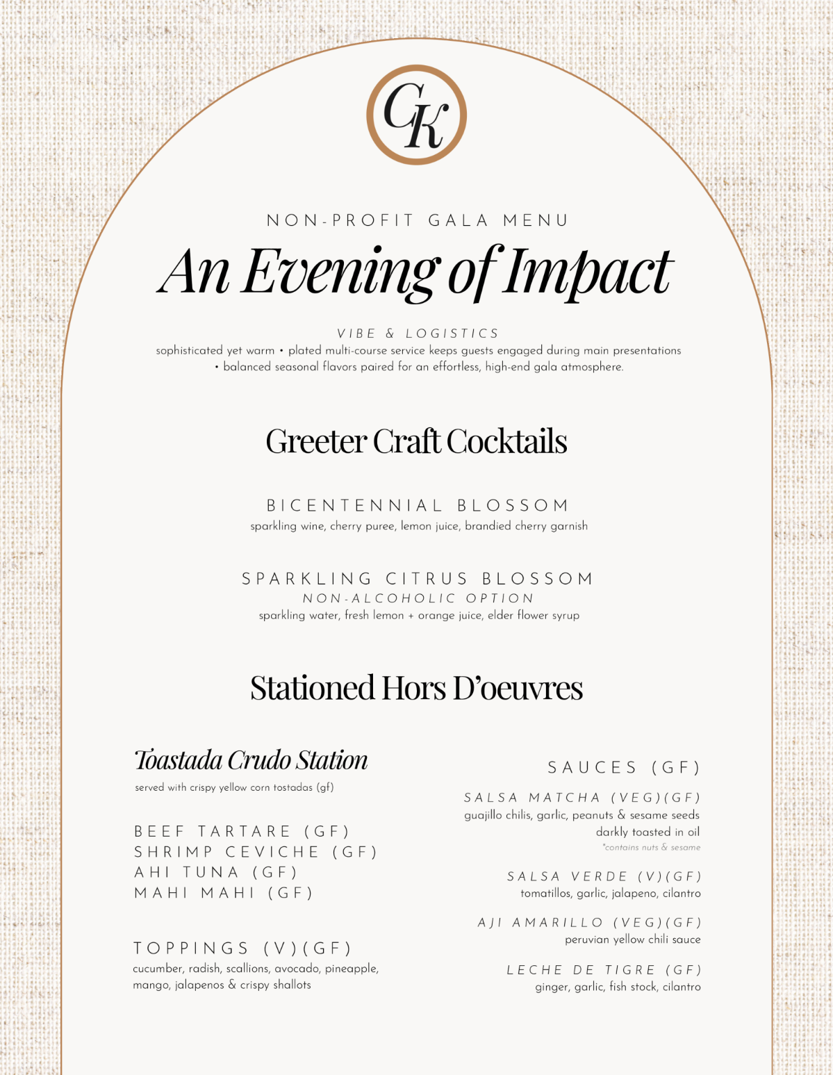 Elegant event menu titled “An Evening of Impact” with craft cocktails and hors d’oeuvres on a white background