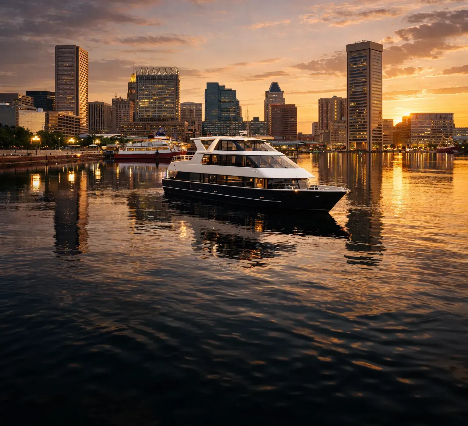Yacht cruising on a river at sunset with a city skyline reflected in calm water