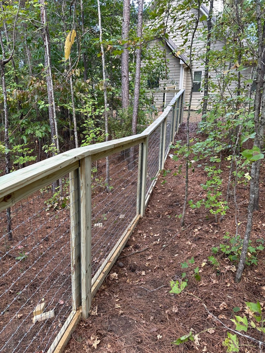 Wooden fence with wire mesh, leading to a house in a wooded area.