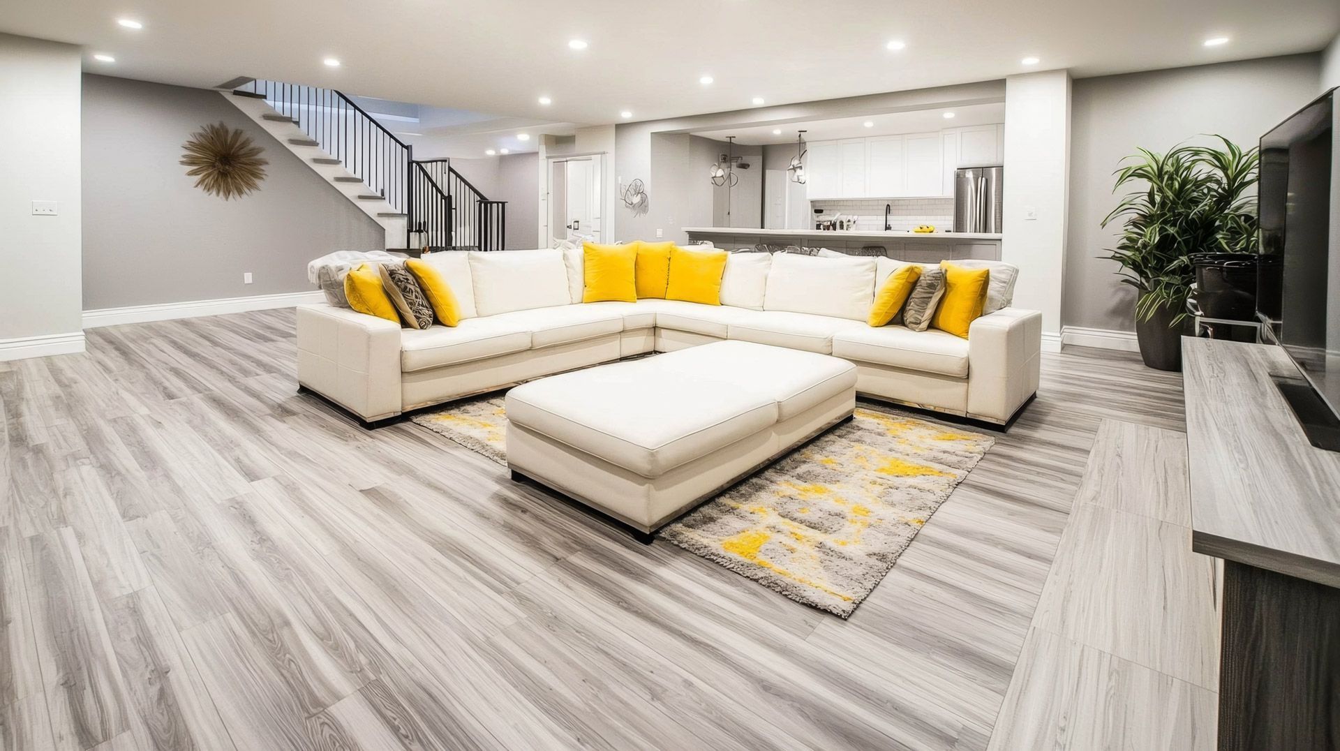 Bright modern living room with white sectional sofa, yellow pillows, ottoman, and gray wood flooring