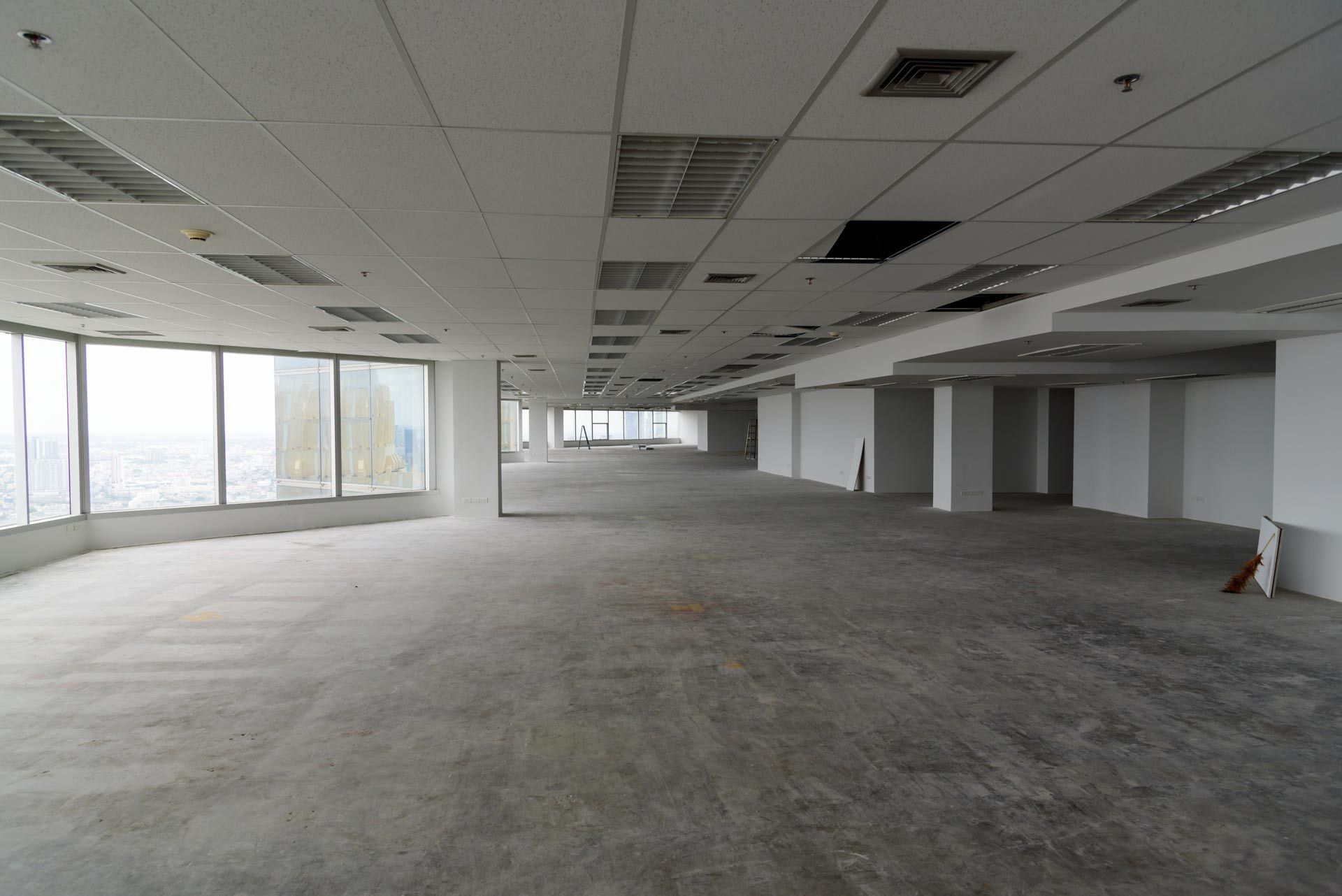 Empty unfinished office space with carpet, ceiling tiles, and large windows along one wall