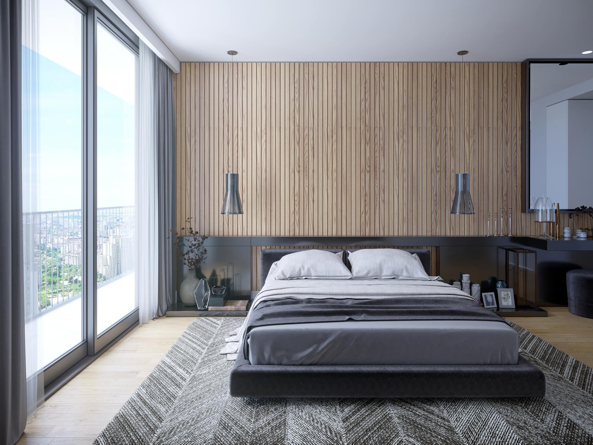 Modern minimalist bedroom with a low gray bed, wood accent wall, and floor-to-ceiling windows.