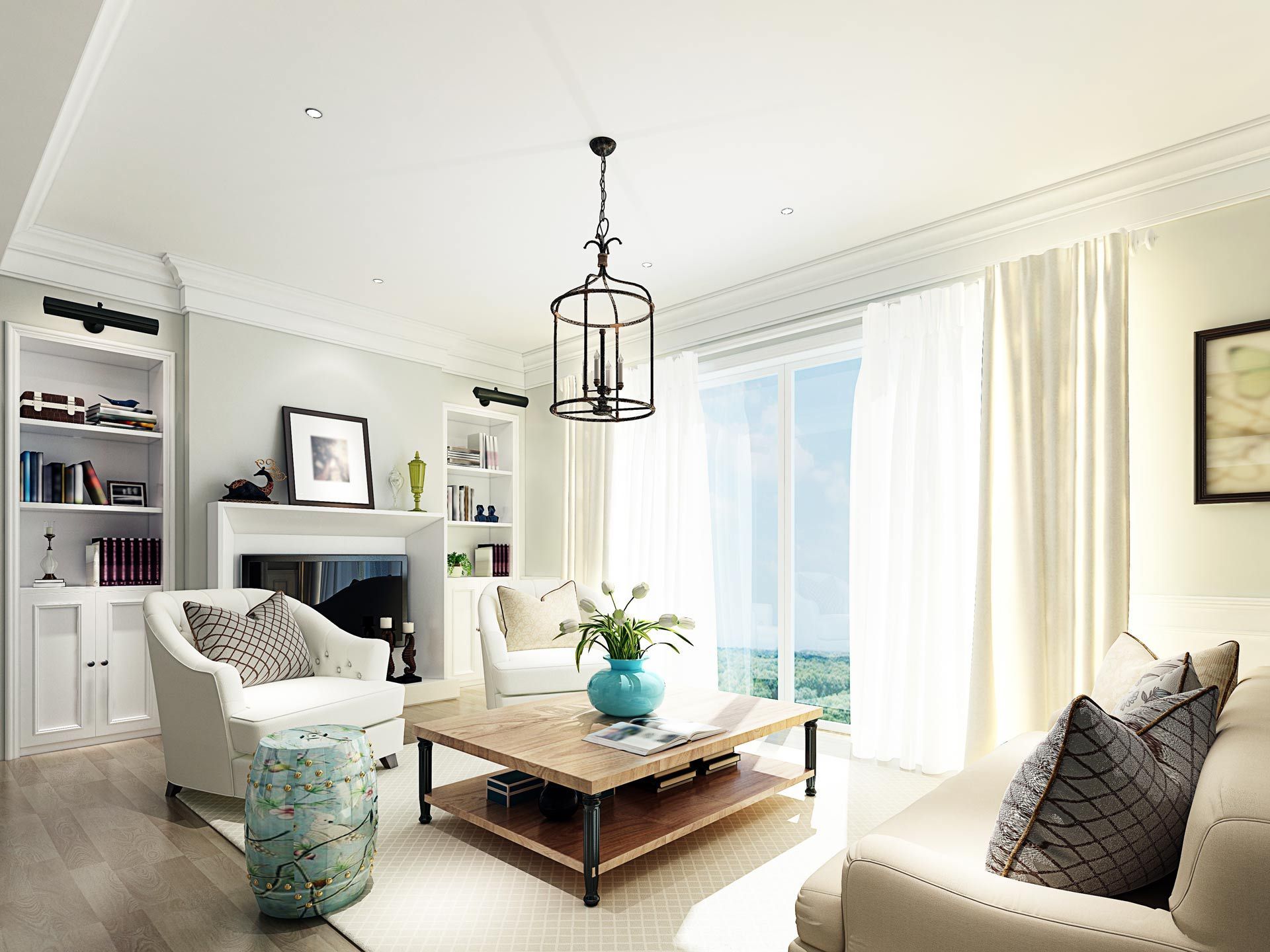 Bright living room with white chairs, wood coffee table, shelves, and a large sunny window.