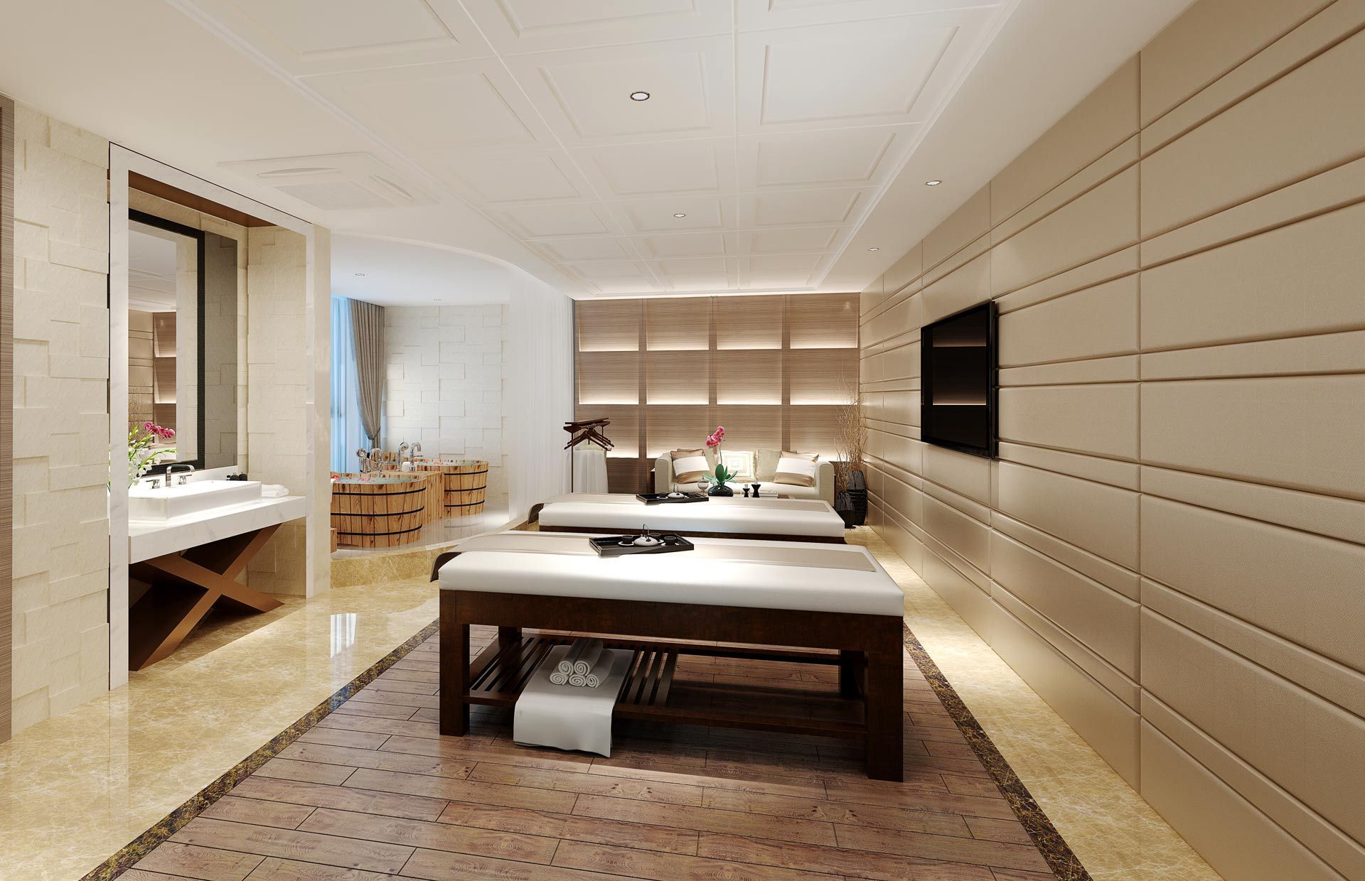 Modern bedroom with a large bed, beige paneled wall, and warm lighting through sheer curtains