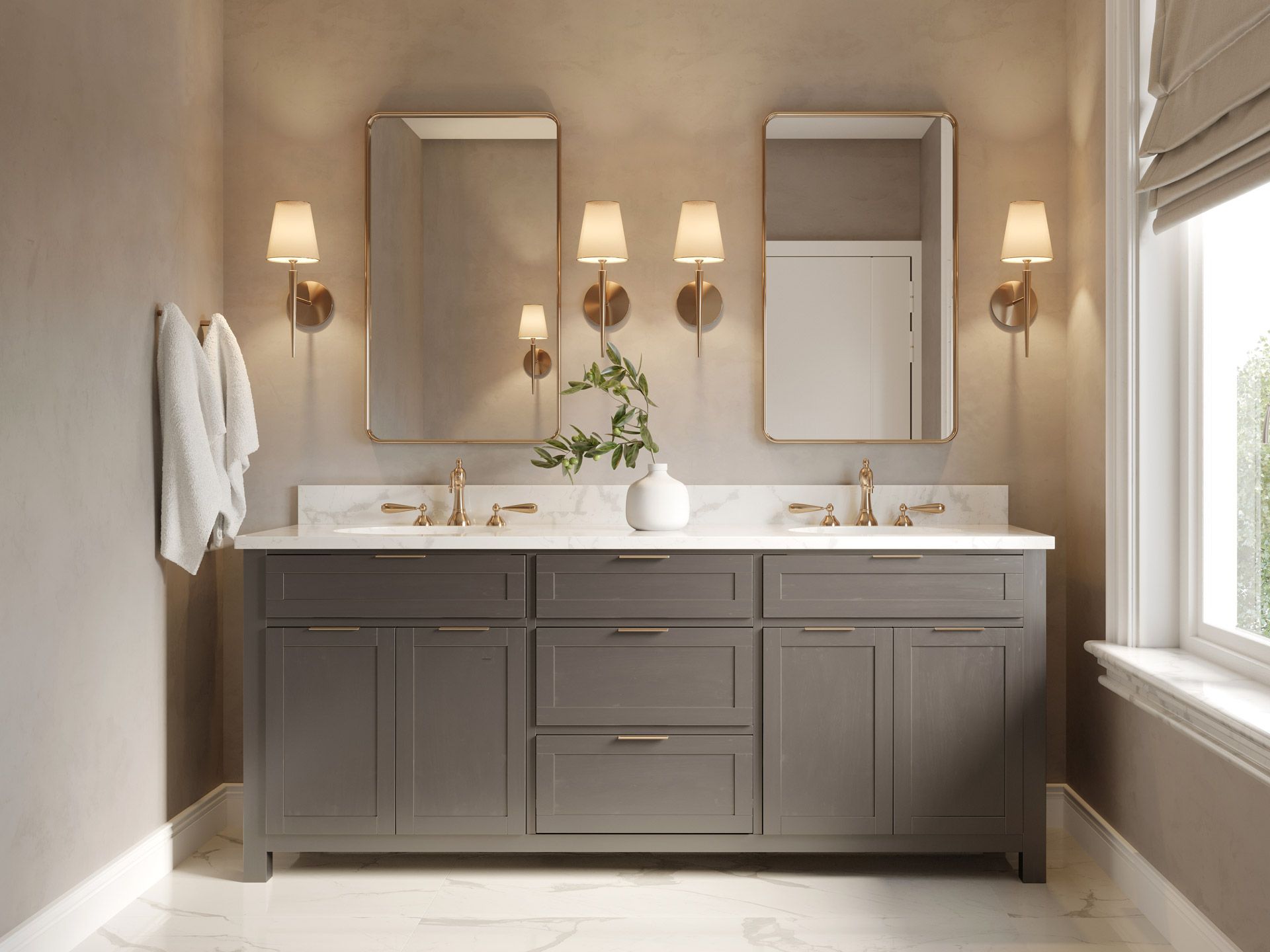 Elegant bathroom vanity with double sinks, mirrors, wall sconces, and a window letting in daylight