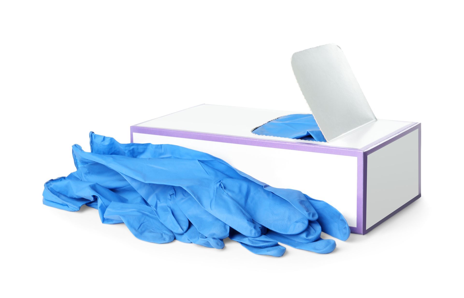 Blue medical gloves spilling from a white box with an open top, on a white background.