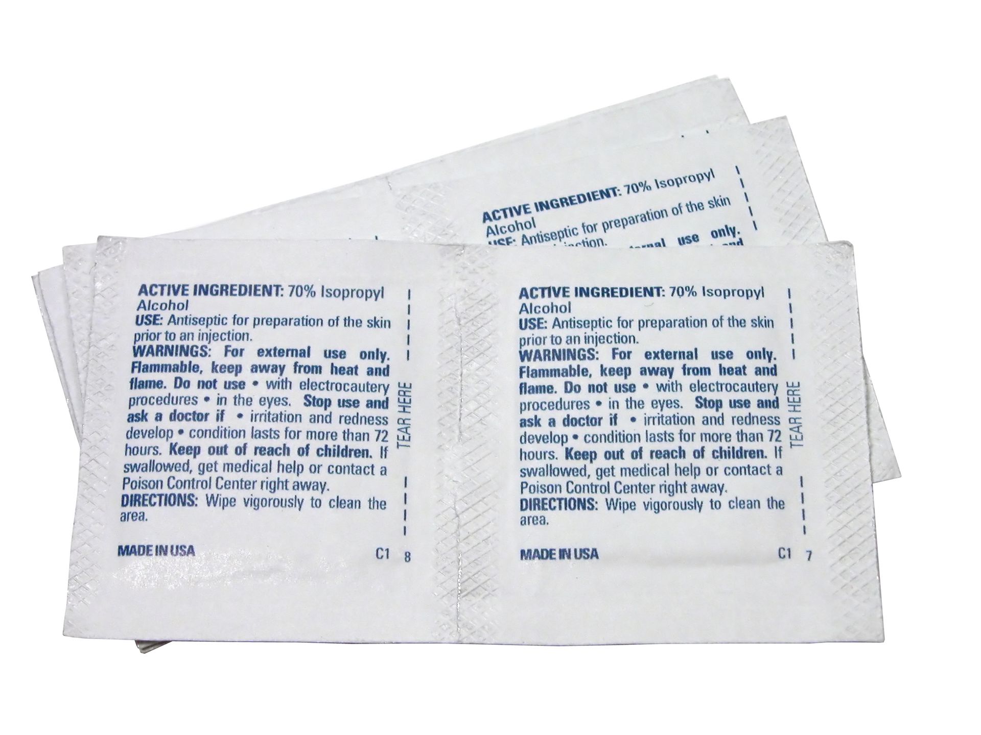 Packets of antiseptic wipes, with text labels, stacked.