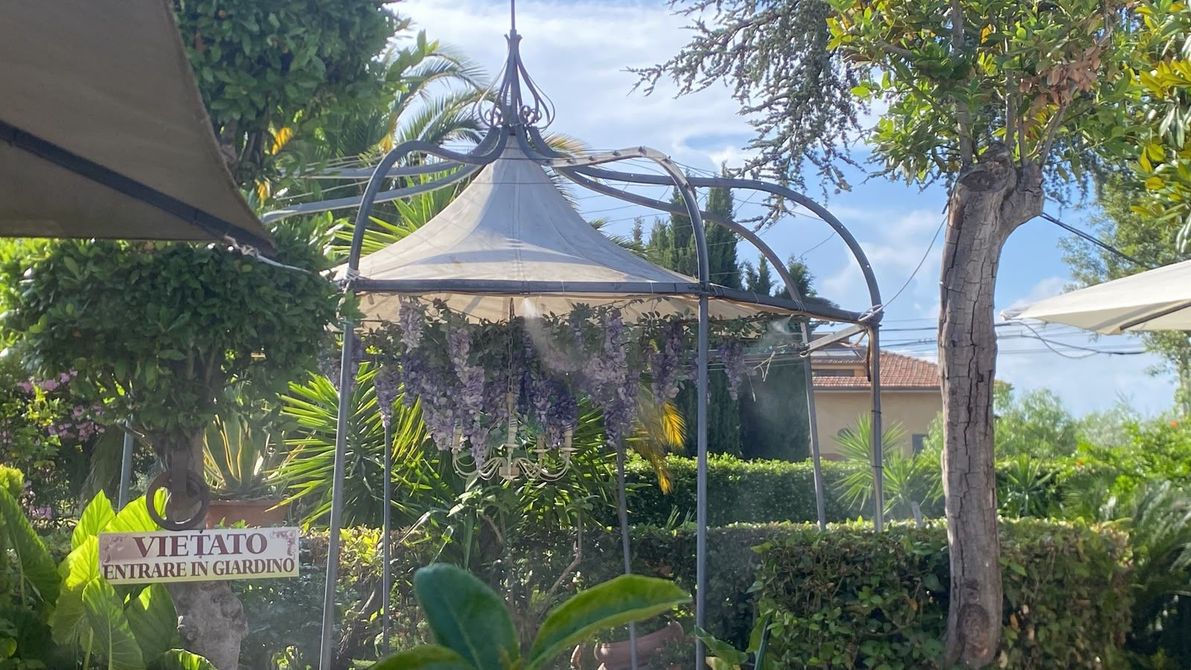 Gazebo da giardino con piante rampicanti e alberi in piena luce solare, con un piccolo cartello in primo piano.
