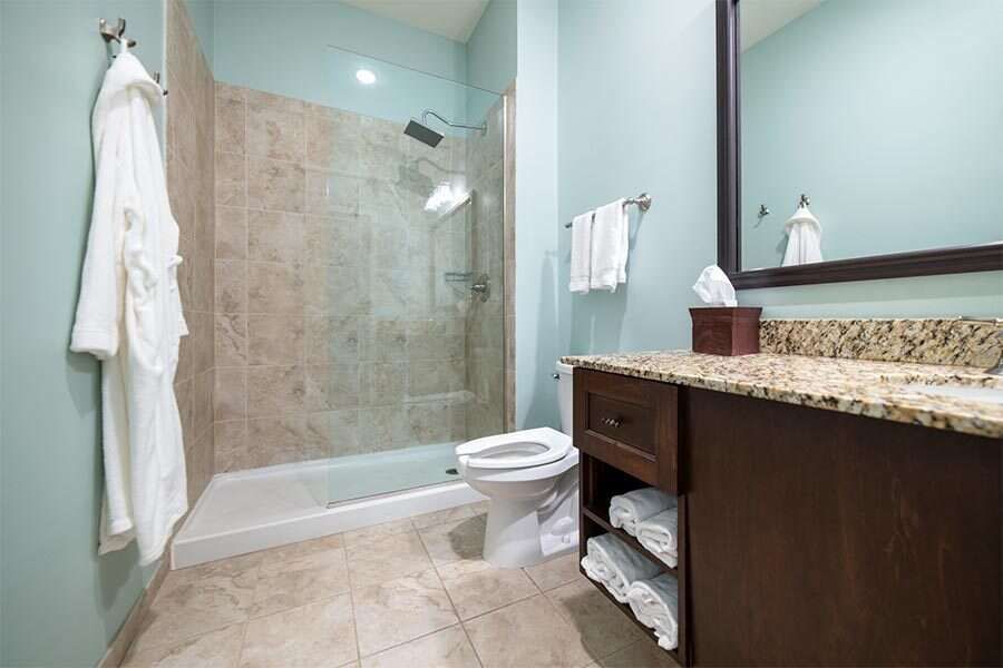 Bathroom with a shower, toilet, vanity, and robe. Blue walls, light tile floor, and brown cabinets.