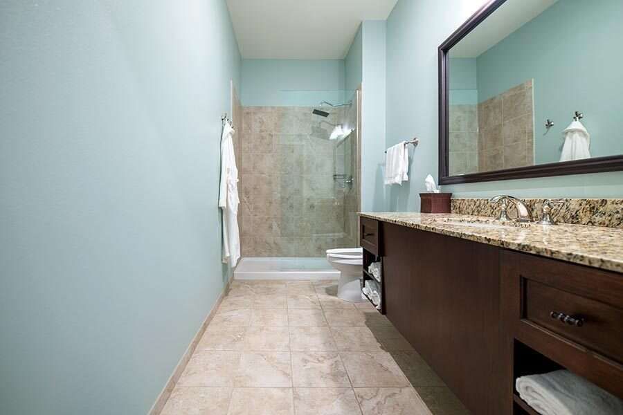 Light blue bathroom with shower, vanity, and robe.