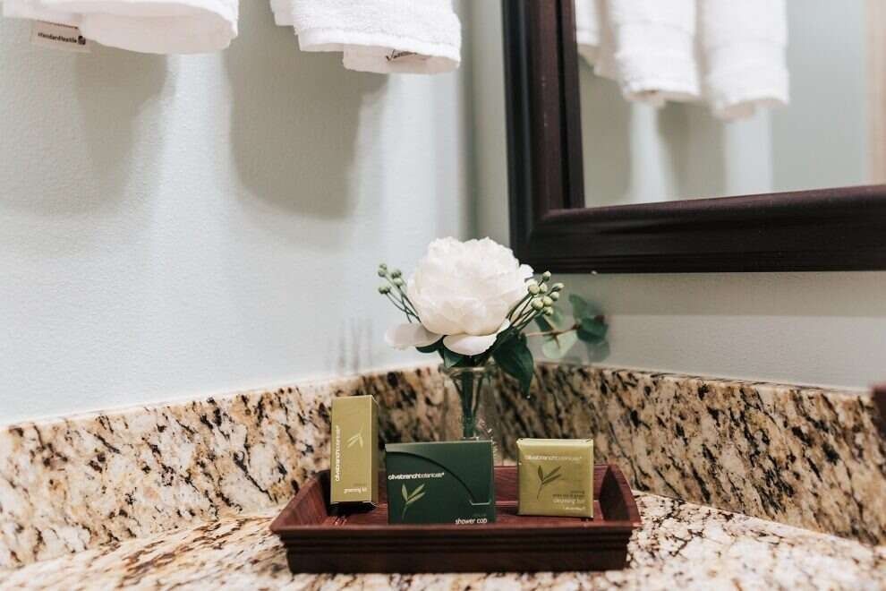 Bathroom counter with toiletries on a tray, a vase of flowers, and a mirror.
