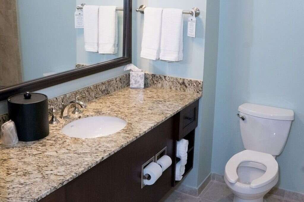 Bathroom with toilet, sink, mirror, towels. Light blue walls, granite countertop, brown cabinet.
