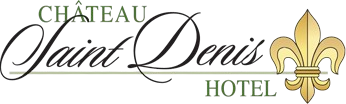Logo for Ch&acirc;teau Saint Denis Hotel: Script lettering, Fleur-de-lis icon, green text.