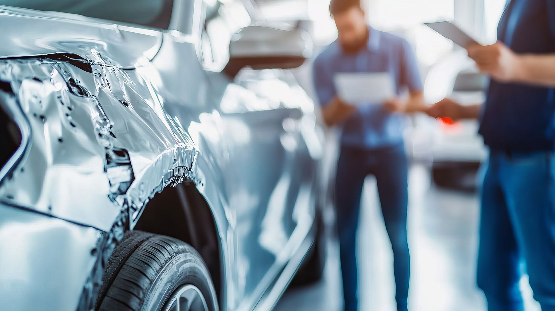 Close-up of damaged car body in repair shop with two technicians assessing the damage.