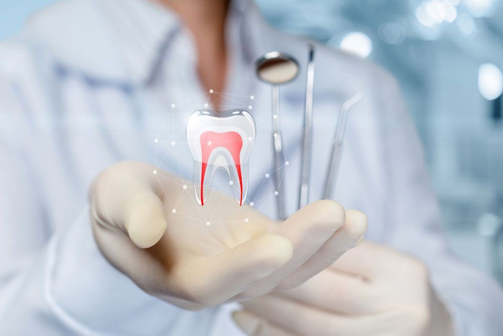 Dentist holding a glowing tooth illustration, dental tools visible, wearing gloves and lab coat.