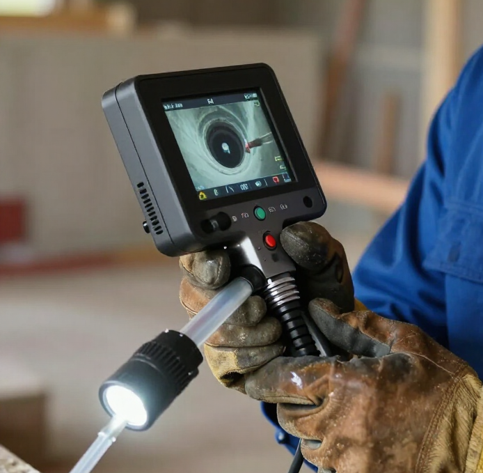 Technician using a borescope with a monitor to inspect a pipe in a workshop