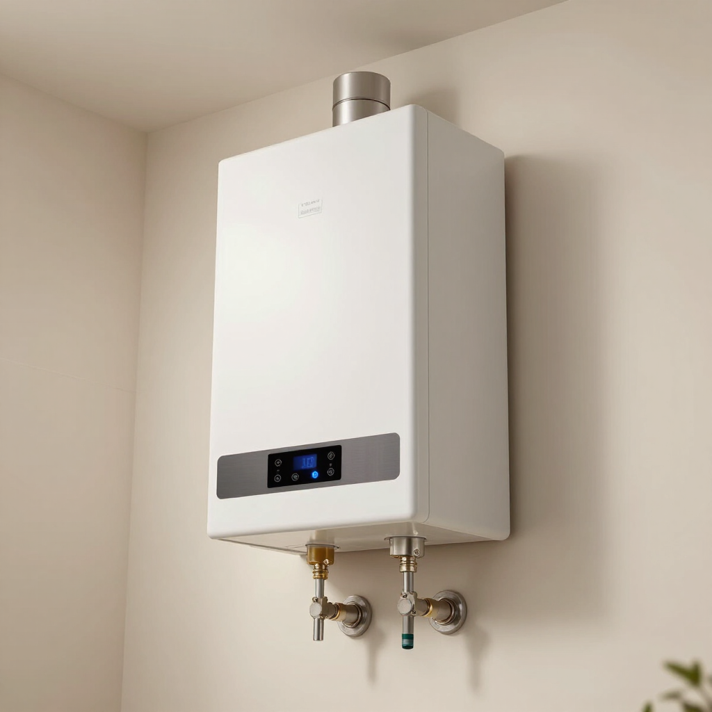 Plumber kneeling beside a wall-mounted water heater, adjusting copper pipes in a bright utility room
