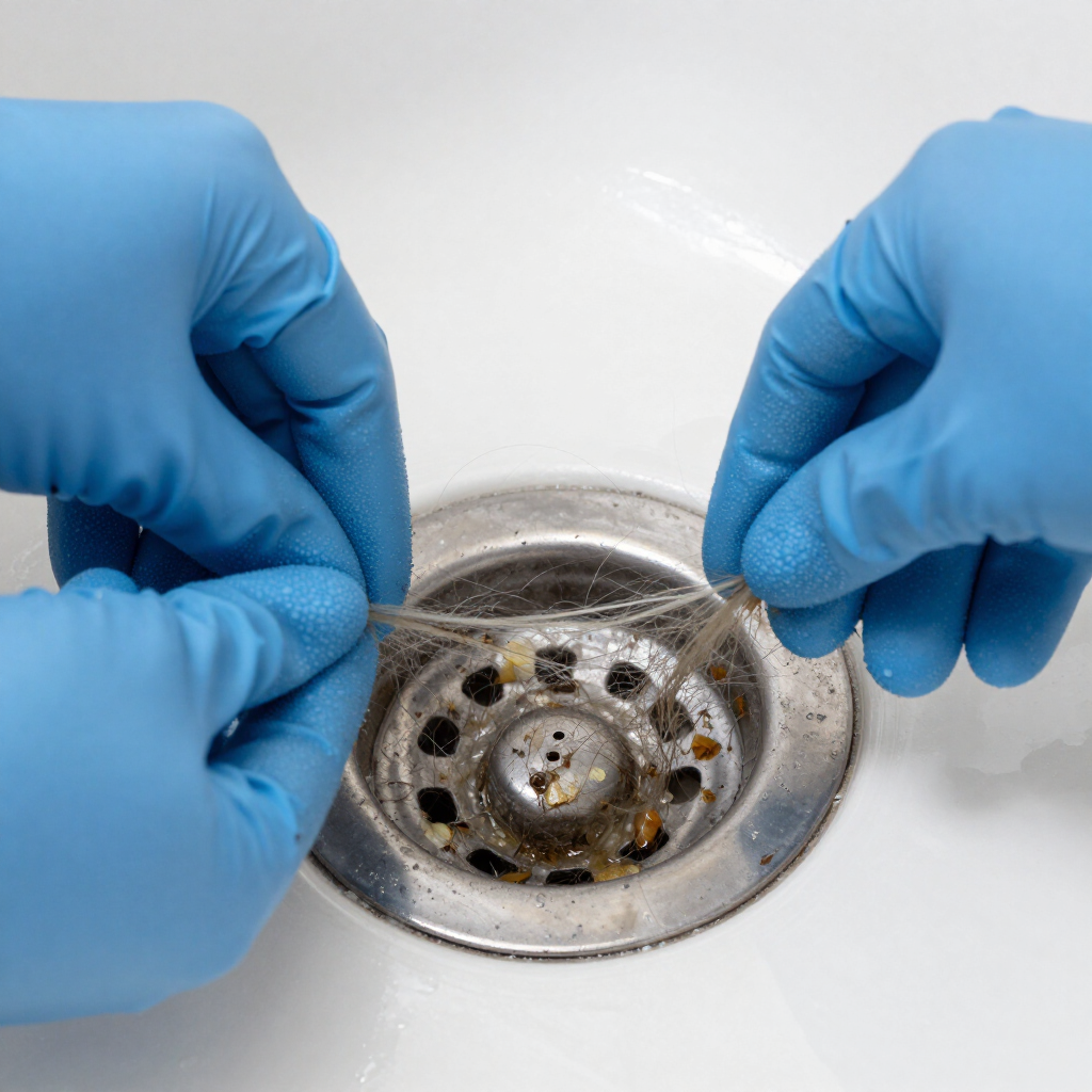 Blue-gloved hands pulling hair from a clogged sink drain in a white basin