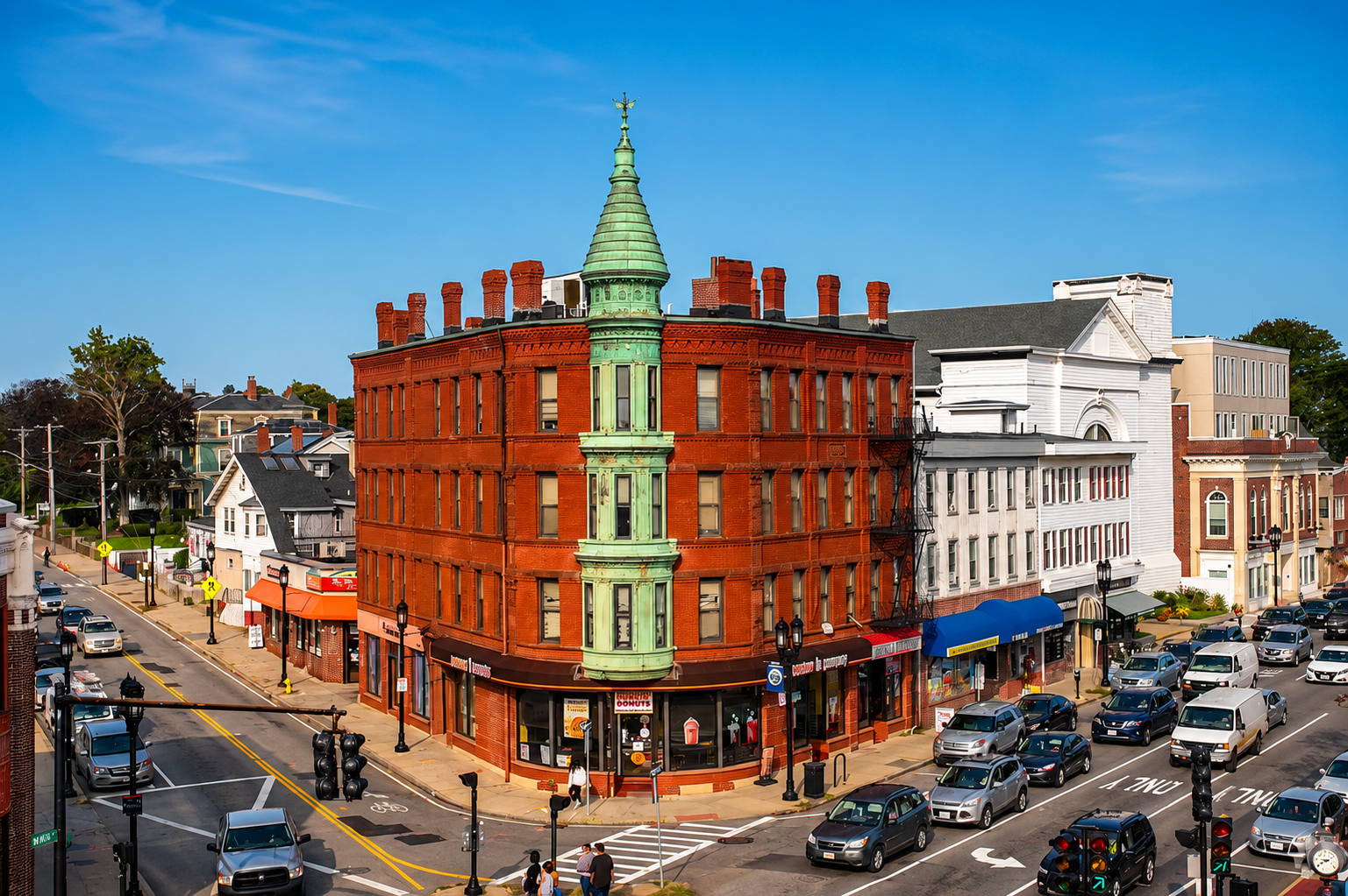 Red brick corner building with green spire at a busy city intersection on a sunny day