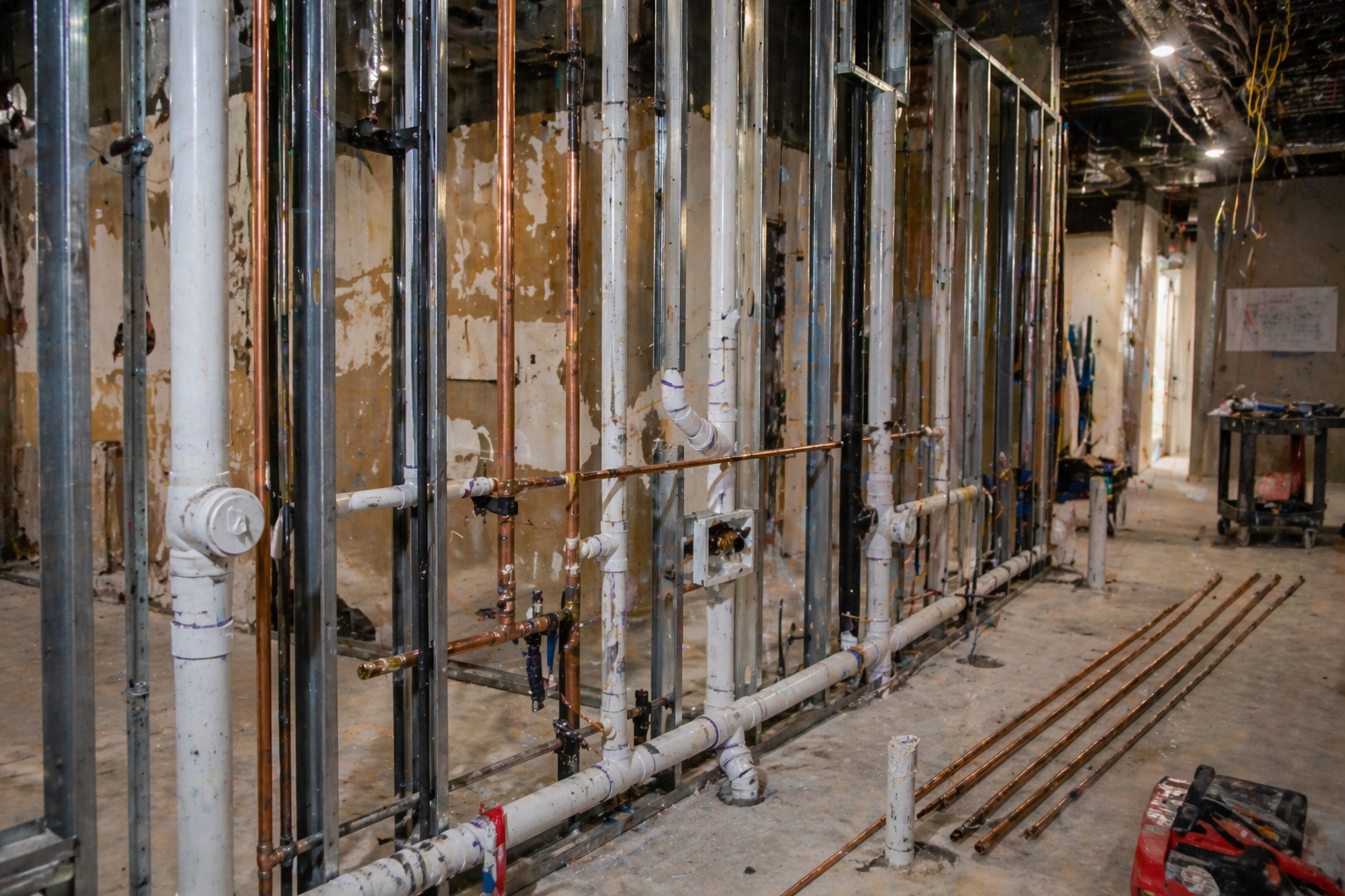 Worker in blue coveralls tightening a pipe valve in an industrial facility.