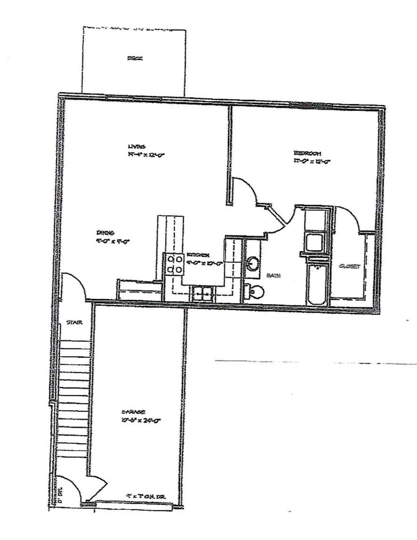 1 bed 1 bath Black-and-white floor plan of a house layout with rooms, doors, stairs, and a small balcony.