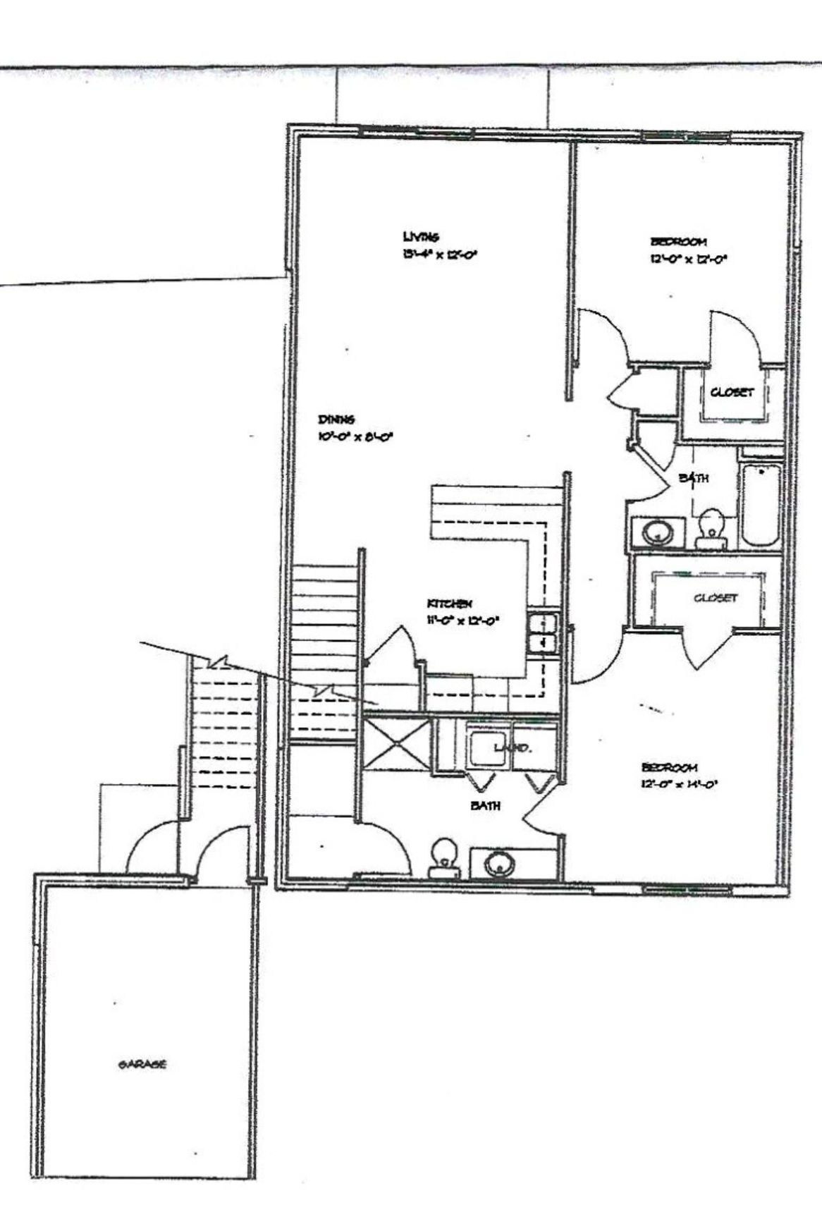 2 bed 2 bath Black-and-white architectural floor plan with labeled rooms, stairs, and hallways