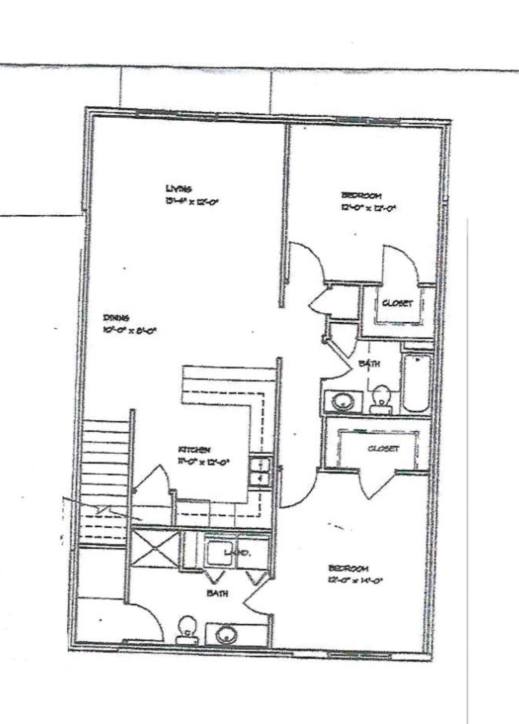 2 bed 2 bath Black-and-white floor plan of a small apartment with labeled rooms, doors, and stairs.