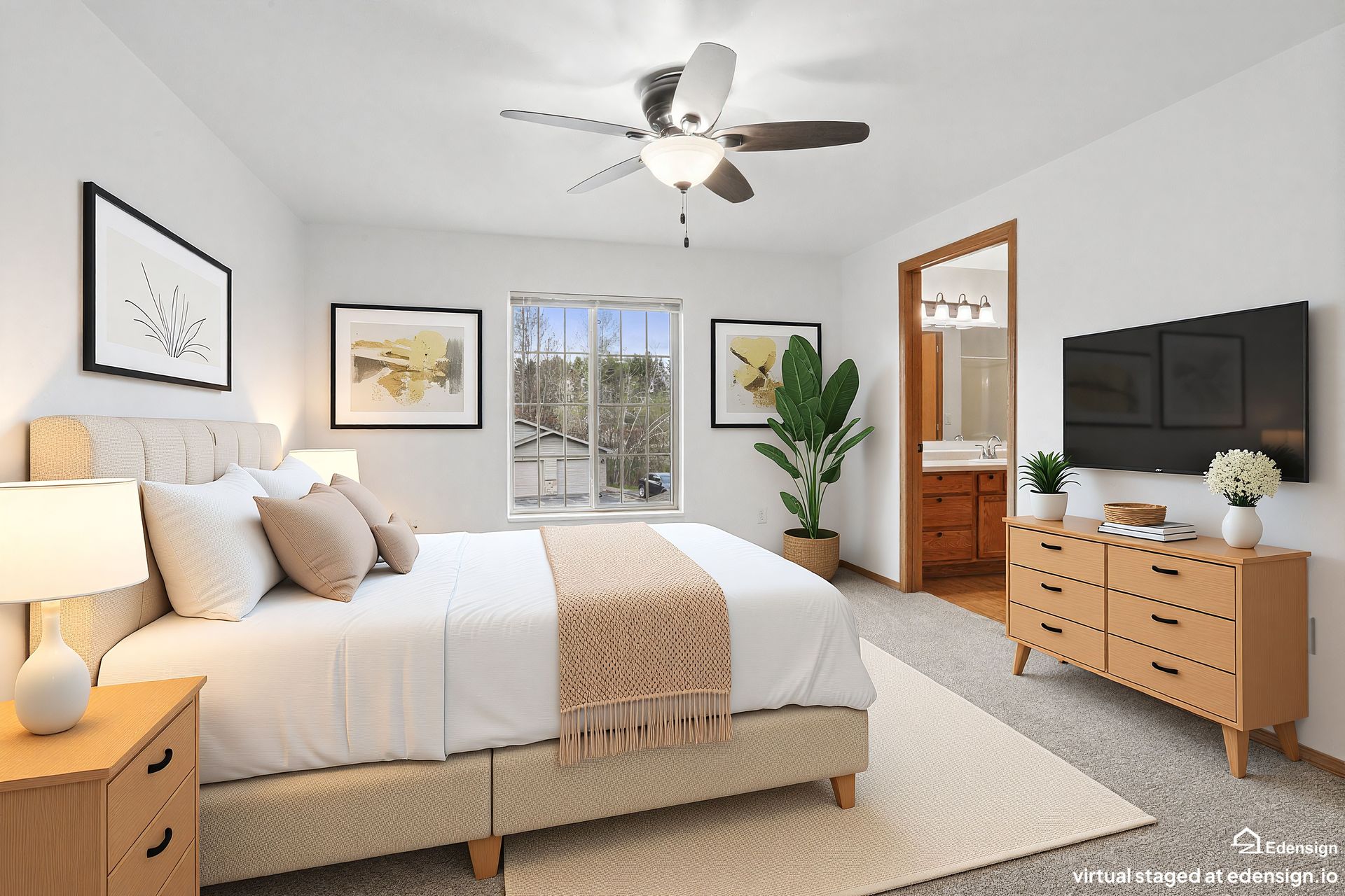 Bright bedroom with white bed, wooden dresser, wall art, TV, and balcony doors under a ceiling fan