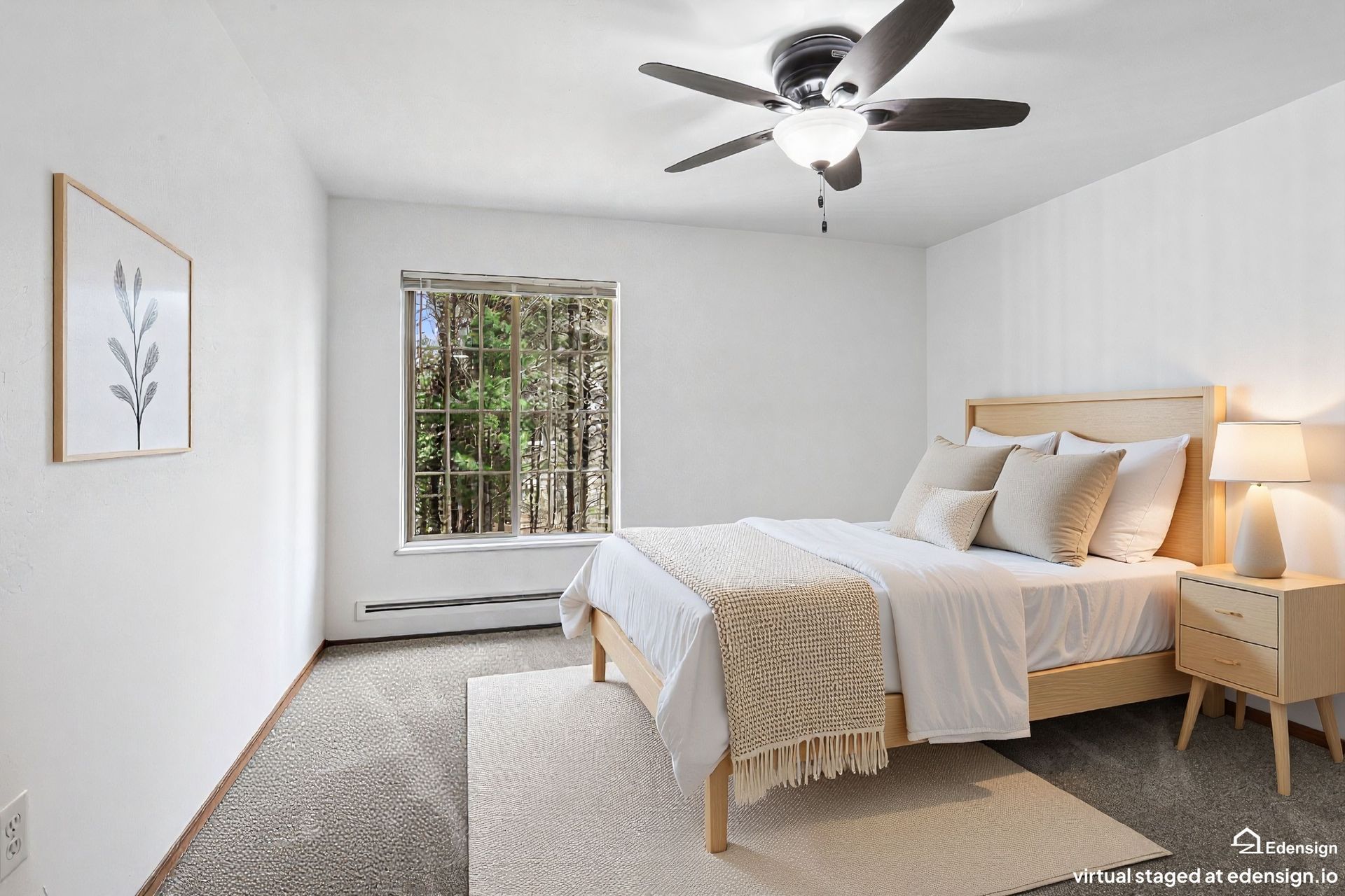 Bright bedroom with white bed, ceiling fan, window, and beige rug