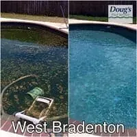Split image of a backyard pool: green dirty water on left, clear blue water on right, labeled West Bradenton.