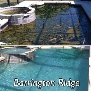 Before-and-after view of a cleaned swimming pool at Barrington Ridge, showing clearer blue water.