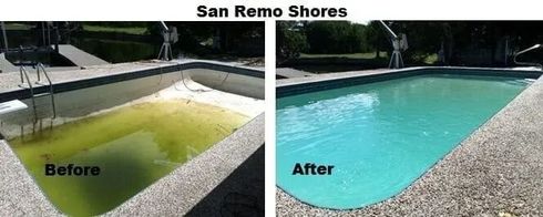 Before-and-after of a cleaned swimming pool at San Remo Shores: green water changes to clear turquoise water.