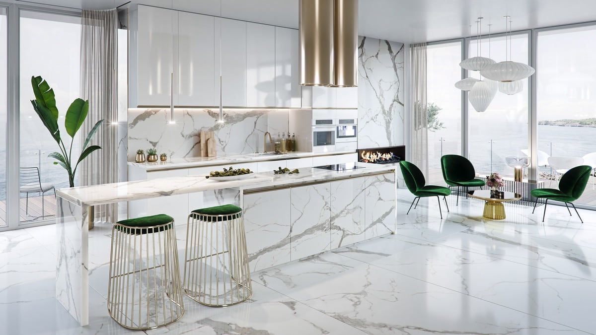 A Kitchen With White Cabinets, Marble Counter Tops, And Green Chairs — ASM Joinery In Fyshwick, ACT