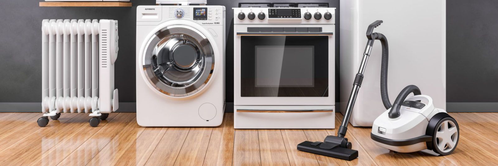 A collection of white household appliances including a heater, washing machine, oven, and vacuum cleaner on a wooden floor.