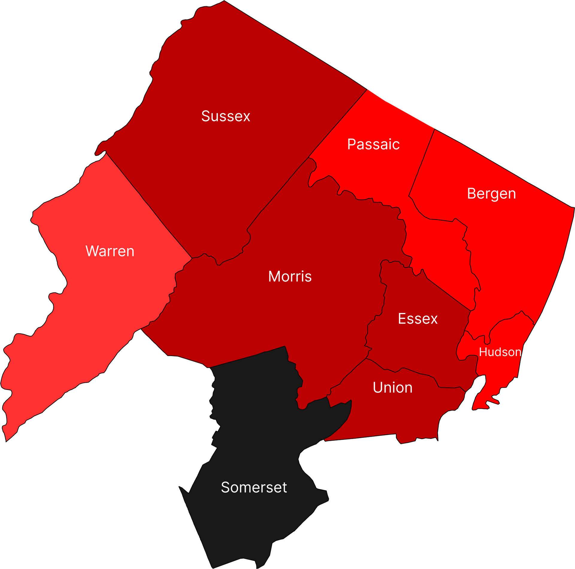 Map of New Jersey counties, colored red, with Somerset black.