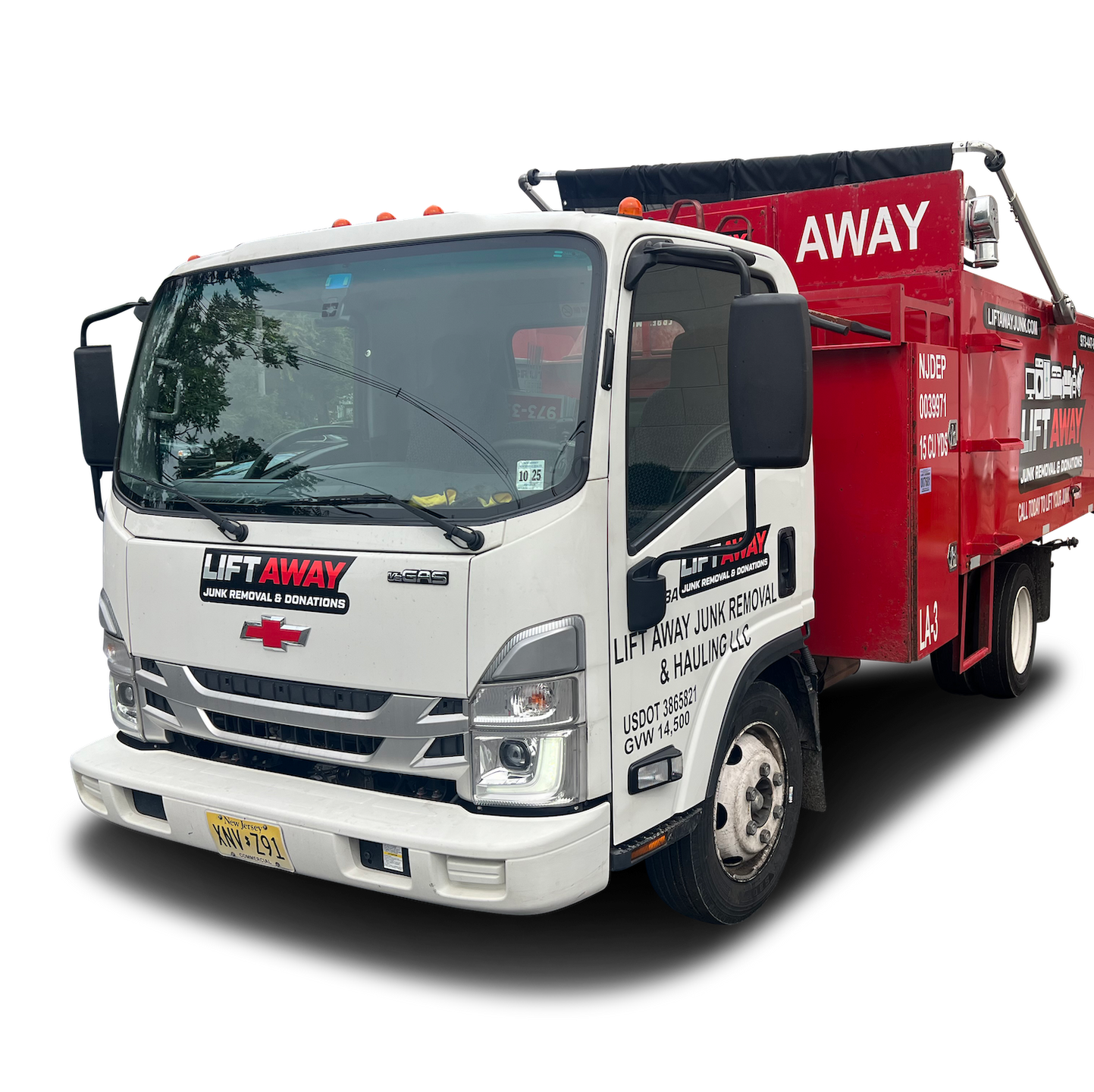White and red Lift Away junk removal truck.