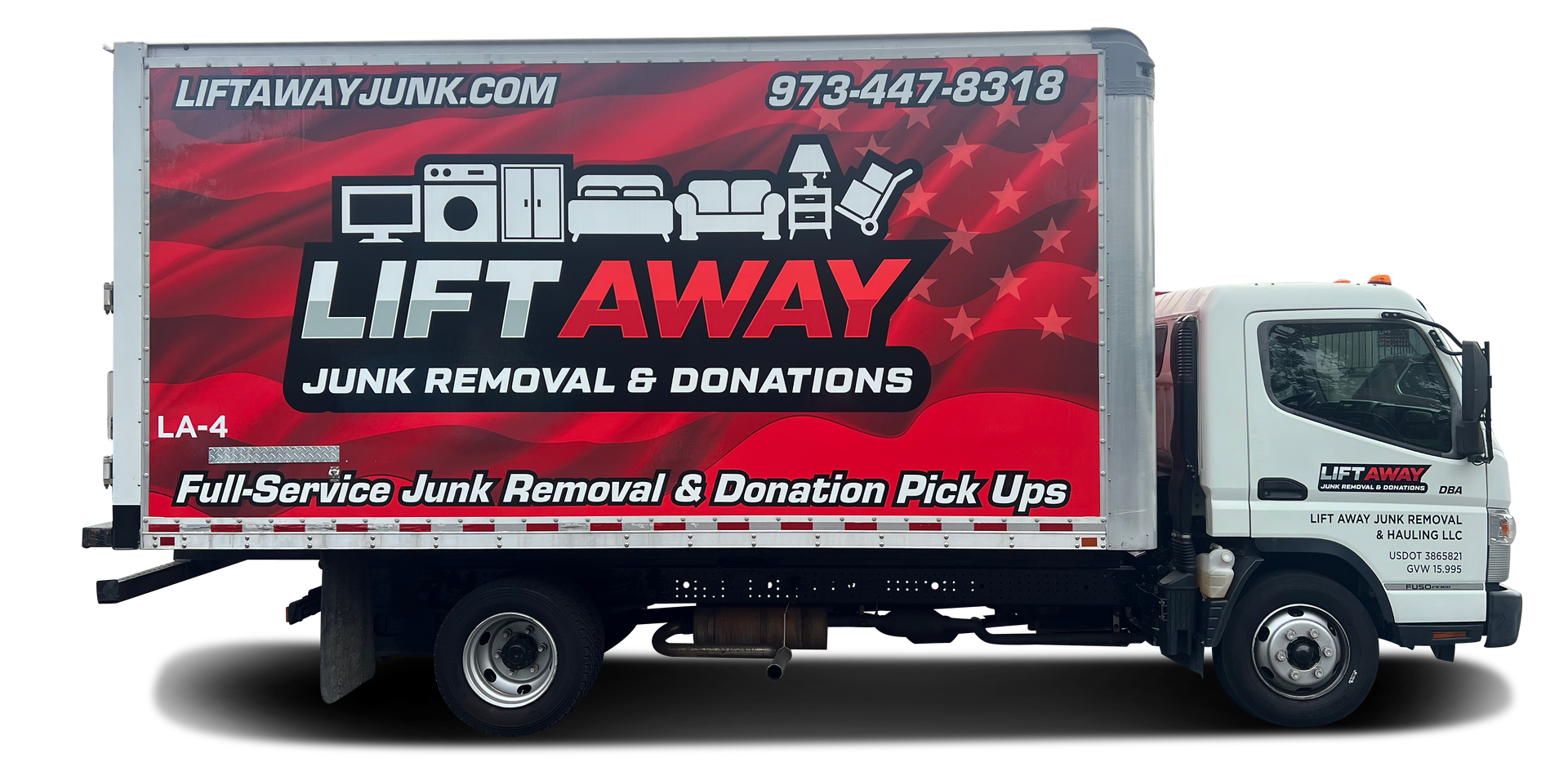 Red and white junk removal truck