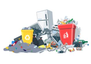 Pile of trash with a yellow and red recycling bin. Appliances, glass, and general garbage visible.