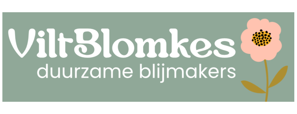 Logo met de tekst "ViltBlomkes duurzame blijmakers" en een roze bloem op een groene achtergrond.