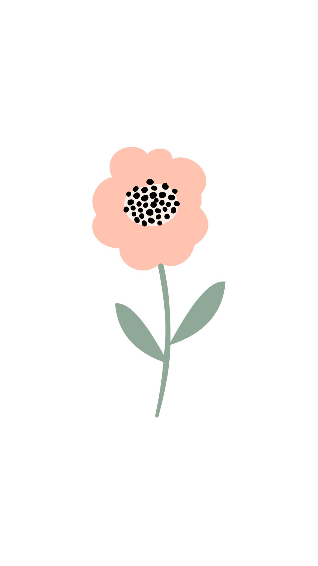 Roze bloem met zwart hart, groene steel en bladeren.